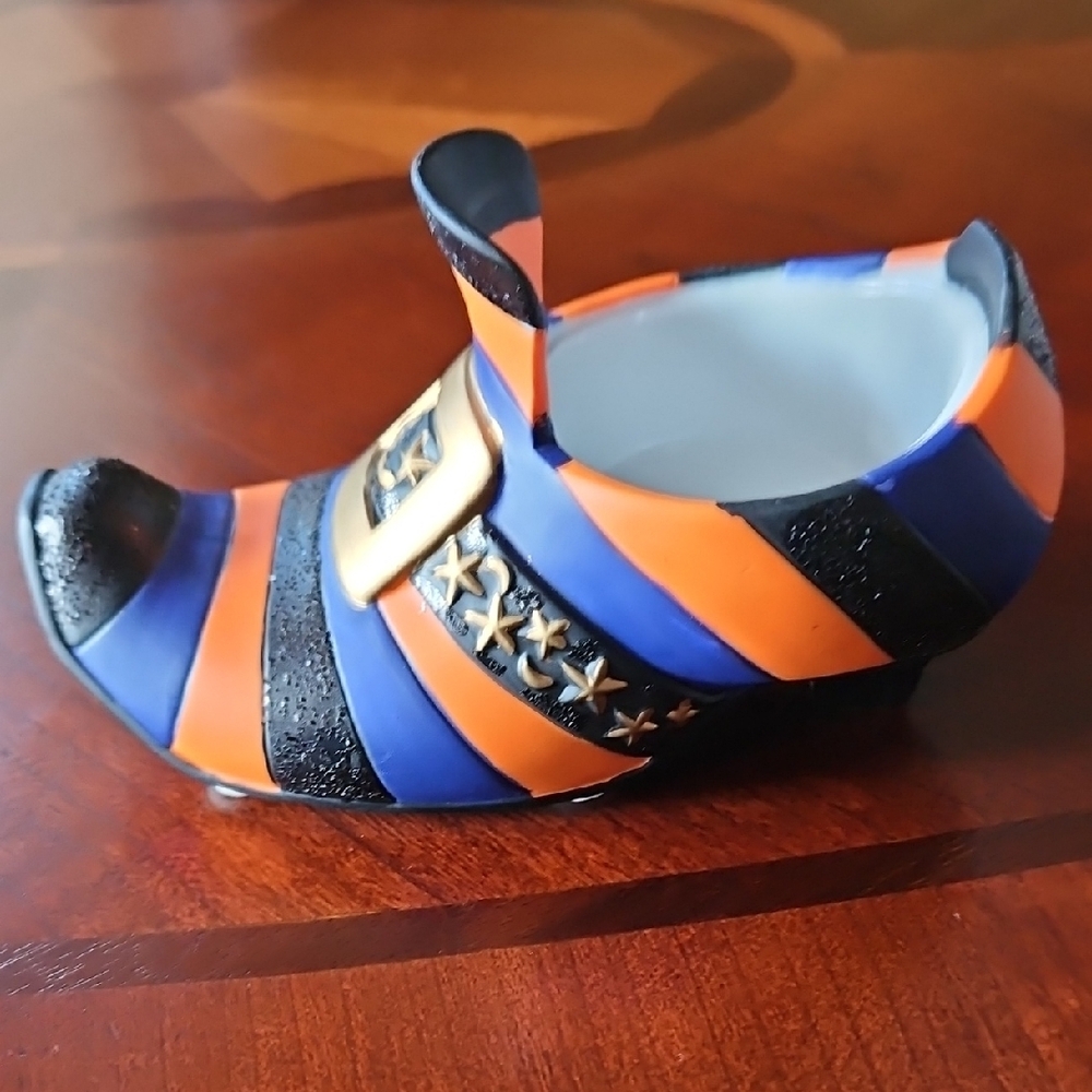 Retired Halloween Witch's Shoe Tea Light Candle Holder with Glittery Accents - Picture 4 of 11